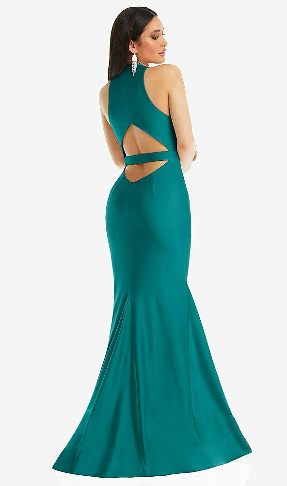 Back View - Peacock Teal Plunge Neckline Cutout Low Back Stretch Satin Mermaid Dress