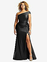 Front View Thumbnail - Black One-Shoulder Bias-Cuff Stretch Satin Mermaid Dress with Slight Train