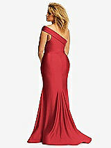 Rear View Thumbnail - Poppy Red One-Shoulder Bias-Cuff Stretch Satin Mermaid Dress with Slight Train