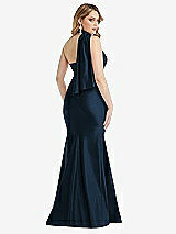 Rear View Thumbnail - Midnight Navy Scarf Neck One-Shoulder Stretch Satin Mermaid Dress with Slight Train