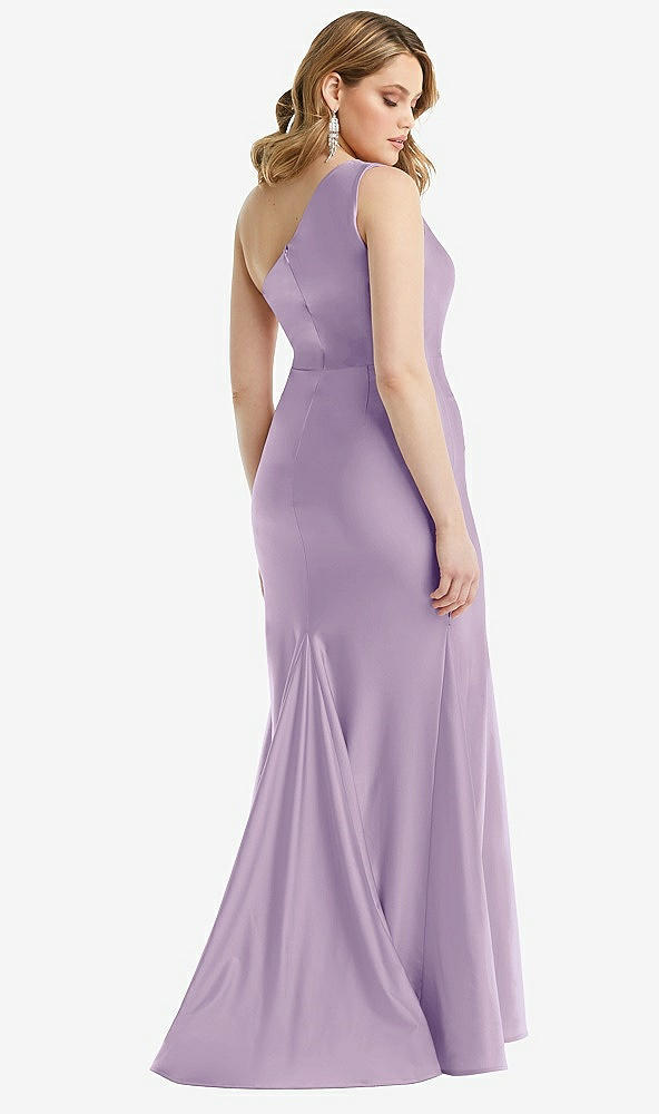 Back View - Pale Purple One-Shoulder Bustier Stretch Satin Mermaid Dress with Cascade Ruffle