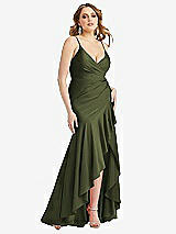 Front View Thumbnail - Olive Green Pleated Wrap Ruffled High Low Stretch Satin Gown with Slight Train