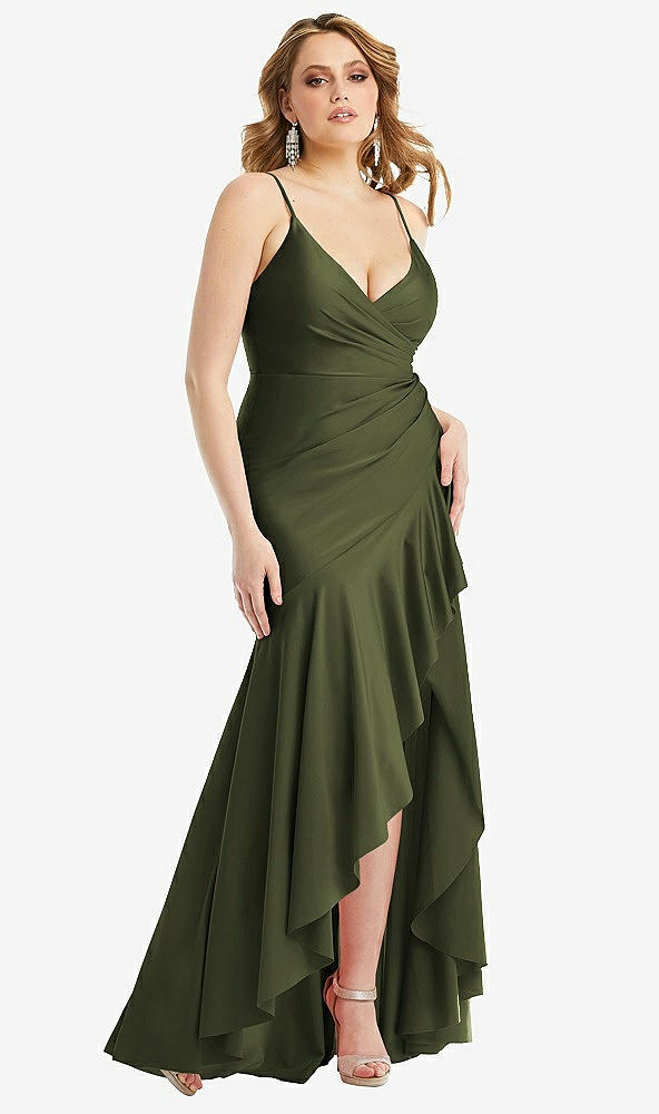 Front View - Olive Green Pleated Wrap Ruffled High Low Stretch Satin Gown with Slight Train