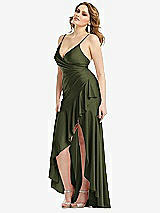 Side View Thumbnail - Olive Green Pleated Wrap Ruffled High Low Stretch Satin Gown with Slight Train