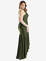 Rear View Thumbnail - Olive Green Pleated Wrap Ruffled High Low Stretch Satin Gown with Slight Train
