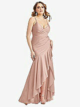 Front View Thumbnail - Toasted Sugar Pleated Wrap Ruffled High Low Stretch Satin Gown with Slight Train