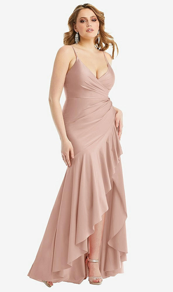 Front View - Toasted Sugar Pleated Wrap Ruffled High Low Stretch Satin Gown with Slight Train