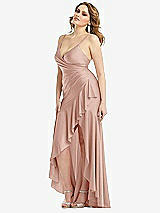 Side View Thumbnail - Toasted Sugar Pleated Wrap Ruffled High Low Stretch Satin Gown with Slight Train