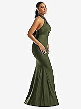 Side View Thumbnail - Olive Green Criss Cross Halter Open-Back Stretch Satin Mermaid Dress
