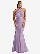 Front View Thumbnail - Pale Purple Criss Cross Halter Open-Back Stretch Satin Mermaid Dress
