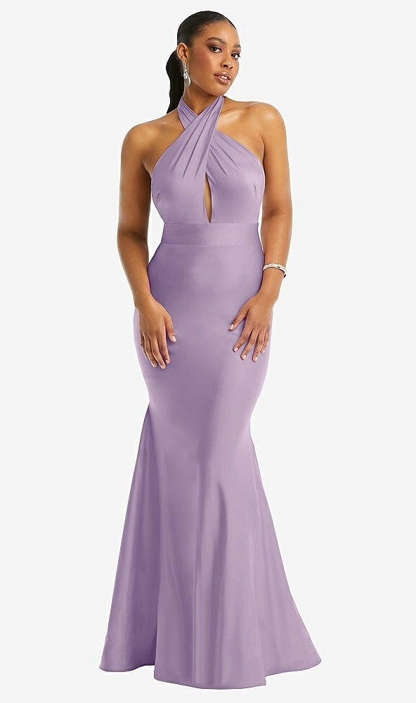 Front View - Pale Purple Criss Cross Halter Open-Back Stretch Satin Mermaid Dress