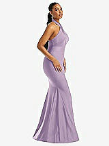 Side View Thumbnail - Pale Purple Criss Cross Halter Open-Back Stretch Satin Mermaid Dress