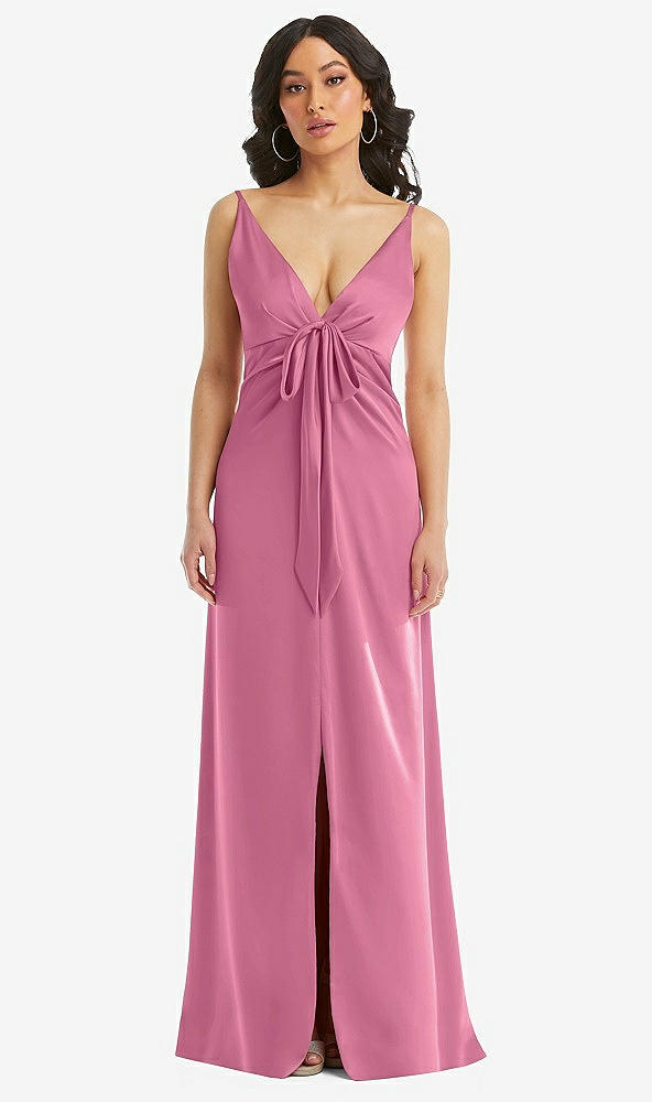 Front View - Orchid Pink Skinny Strap Plunge Neckline Maxi Dress with Bow Detail