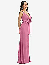 Side View Thumbnail - Orchid Pink Skinny Strap Plunge Neckline Maxi Dress with Bow Detail