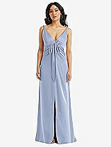 Front View Thumbnail - Sky Blue Skinny Strap Plunge Neckline Maxi Dress with Bow Detail