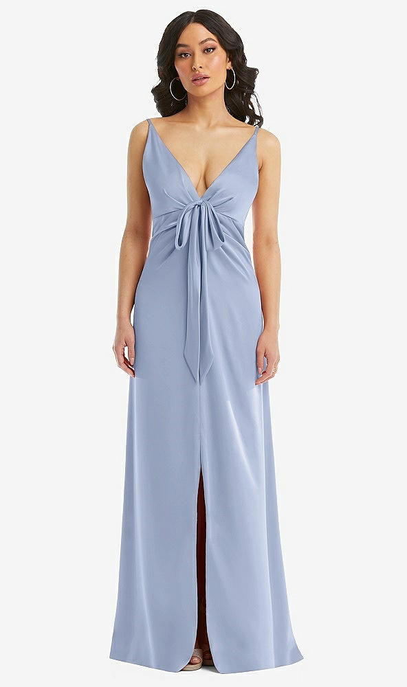 Front View - Sky Blue Skinny Strap Plunge Neckline Maxi Dress with Bow Detail