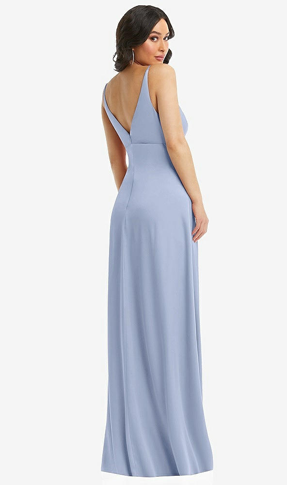 Back View - Sky Blue Skinny Strap Plunge Neckline Maxi Dress with Bow Detail