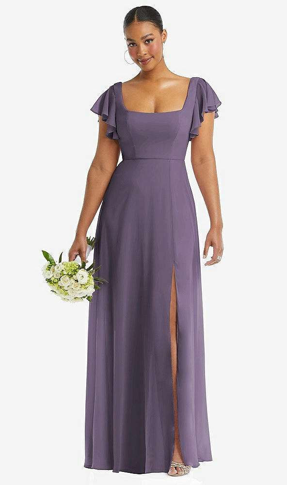 Front View - Lavender Flutter Sleeve Scoop Open-Back Chiffon Maxi Dress