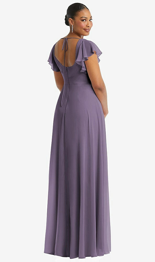 Back View - Lavender Flutter Sleeve Scoop Open-Back Chiffon Maxi Dress