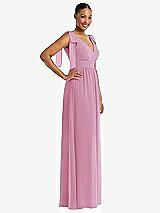 Side View Thumbnail - Powder Pink Plunge Neckline Bow Shoulder Empire Waist Chiffon Maxi Dress