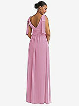 Rear View Thumbnail - Powder Pink Plunge Neckline Bow Shoulder Empire Waist Chiffon Maxi Dress
