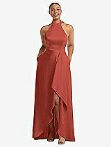 Front View Thumbnail - Amber Sunset High-Neck Tie-Back Halter Cascading High Low Maxi Dress