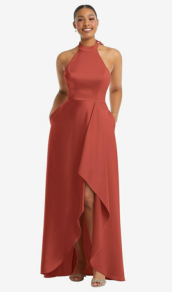 Front View - Amber Sunset High-Neck Tie-Back Halter Cascading High Low Maxi Dress