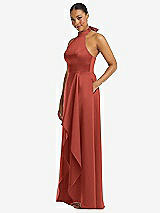 Side View Thumbnail - Amber Sunset High-Neck Tie-Back Halter Cascading High Low Maxi Dress