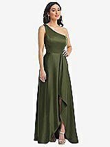 Front View Thumbnail - Olive Green One-Shoulder High Low Maxi Dress with Pockets