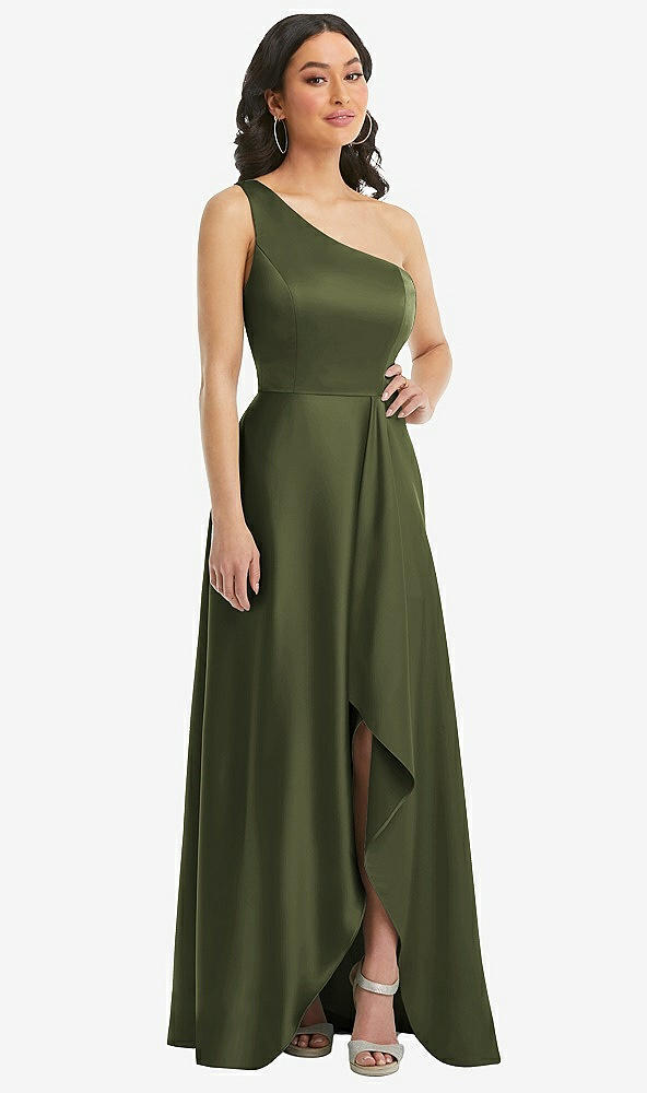 Front View - Olive Green One-Shoulder High Low Maxi Dress with Pockets
