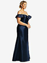 Side View Thumbnail - Midnight Navy Off-the-Shoulder Ruffle Neck Satin Trumpet Gown