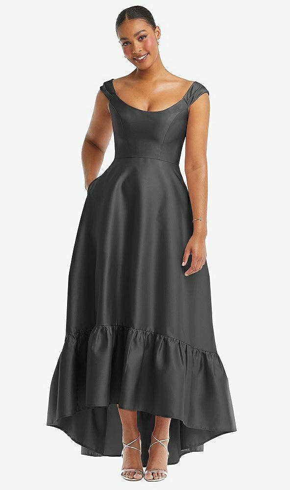 Front View - Pewter Cap Sleeve Deep Ruffle Hem Satin High Low Dress with Pockets