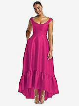 Front View Thumbnail - Think Pink Cap Sleeve Deep Ruffle Hem Satin High Low Dress with Pockets