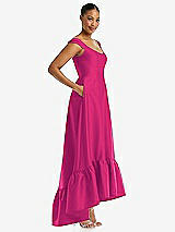 Side View Thumbnail - Think Pink Cap Sleeve Deep Ruffle Hem Satin High Low Dress with Pockets