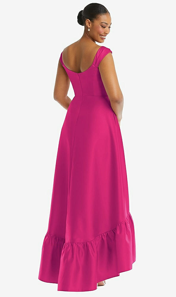 Back View - Think Pink Cap Sleeve Deep Ruffle Hem Satin High Low Dress with Pockets