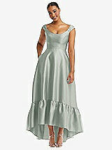Front View Thumbnail - Willow Green Cap Sleeve Deep Ruffle Hem Satin High Low Dress with Pockets