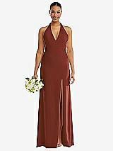 Alt View 2 Thumbnail - Auburn Moon Plunge Neck Halter Backless Trumpet Gown with Front Slit