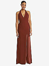 Front View Thumbnail - Auburn Moon Plunge Neck Halter Backless Trumpet Gown with Front Slit