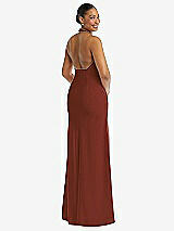 Rear View Thumbnail - Auburn Moon Plunge Neck Halter Backless Trumpet Gown with Front Slit