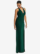 Alt View 1 Thumbnail - Hunter Green Plunge Neck Halter Backless Trumpet Gown with Front Slit