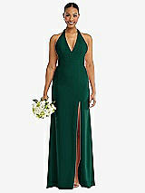 Alt View 2 Thumbnail - Hunter Green Plunge Neck Halter Backless Trumpet Gown with Front Slit