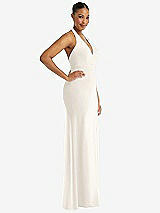Side View Thumbnail - Ivory Plunge Neck Halter Backless Trumpet Gown with Front Slit
