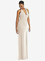 Alt View 1 Thumbnail - Oat Plunge Neck Halter Backless Trumpet Gown with Front Slit