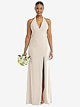 Alt View 2 Thumbnail - Oat Plunge Neck Halter Backless Trumpet Gown with Front Slit