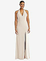 Front View Thumbnail - Oat Plunge Neck Halter Backless Trumpet Gown with Front Slit