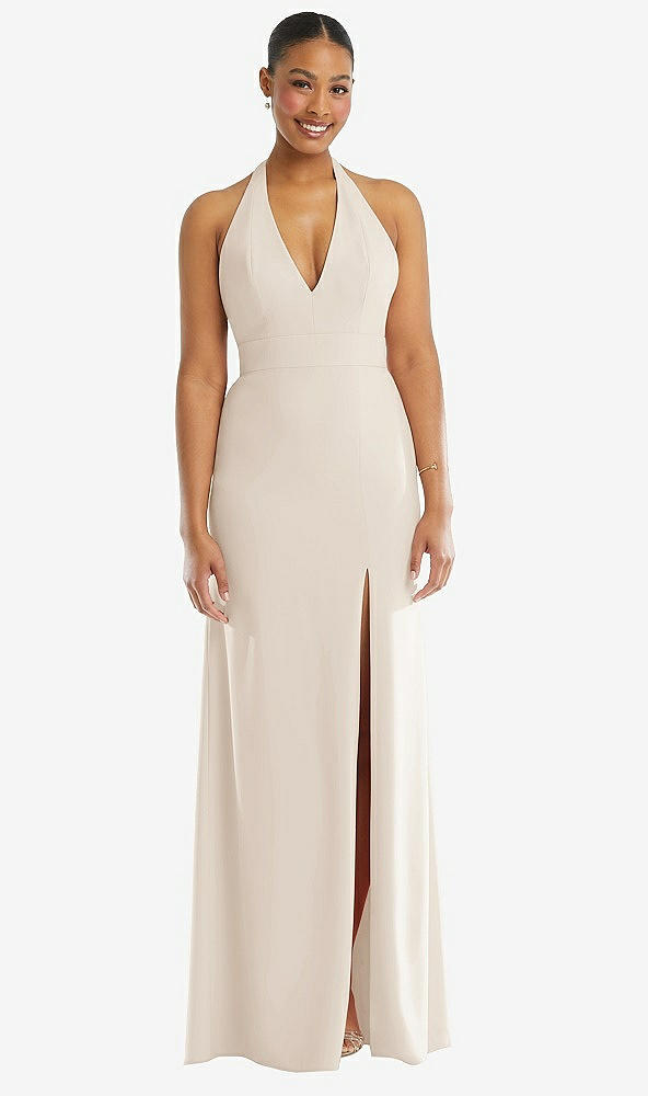 Front View - Oat Plunge Neck Halter Backless Trumpet Gown with Front Slit