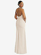 Rear View Thumbnail - Oat Plunge Neck Halter Backless Trumpet Gown with Front Slit