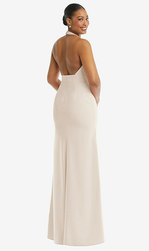 Back View - Oat Plunge Neck Halter Backless Trumpet Gown with Front Slit