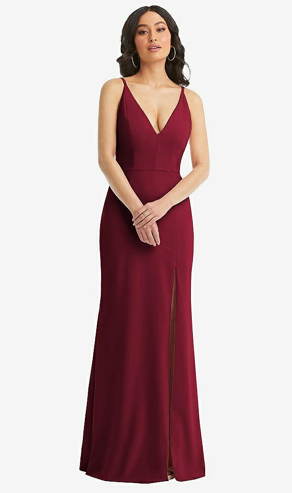 Front View - Burgundy Skinny Strap Deep V-Neck Crepe Trumpet Gown with Front Slit