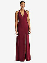 Front View Thumbnail - Burgundy Plunge Neck Halter Backless Trumpet Gown with Front Slit